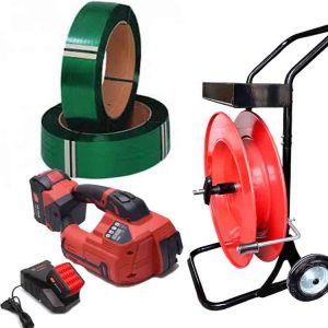 ARGON kit tendireggia elettrico 10-16mm PET/PP incl. Batteria & Caricabatteria + reggette PP 12mm - carrello per reggiatura